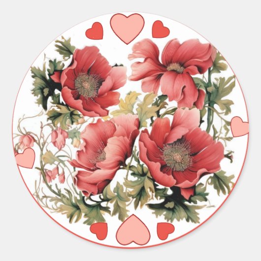 Romantische Vintage Poppies und Herzen Runder Aufkleber (Vorderseite)