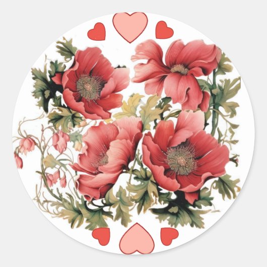 Romantische Vintage Poppies und Herzen Runder Aufkleber (Vorderseite)