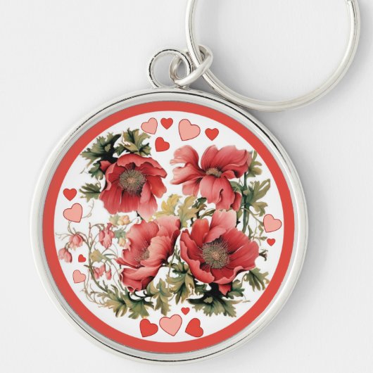 Romantische Vintage Poppies und Herzen Schlüsselanhänger (Vorne)