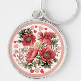Romantische Vintage Poppies und Herzen Schlüsselanhänger