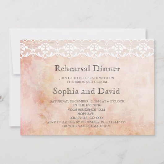 Romantische Vintage Rose und Spitzen PROBE DINNER Einladung (Vorderseite)
