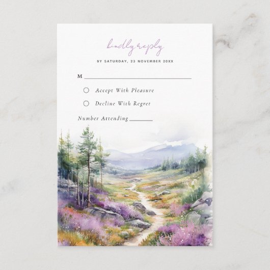 Romantische violette Blume Waldhochzeit RSVP Card Begleitkarte (Vorderseite)