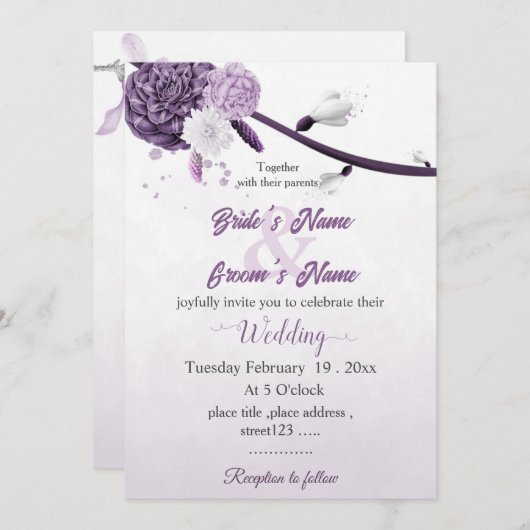 romantische violette Blumen botanische Hochzeit Einladung (Vorne/Hinten)