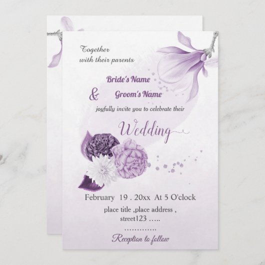 romantische violette Blumen botanische Hochzeit Einladung (Vorne/Hinten)