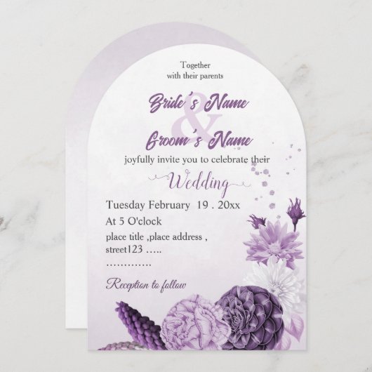 romantische violette Blumen botanische Hochzeit Einladung (Vorne/Hinten)