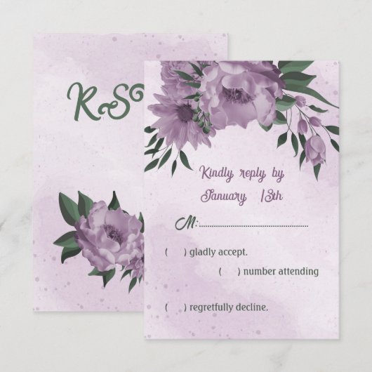 Romantische violette Blumen Grün Blätter Hochzeit RSVP Karte (Vorne/Hinten)