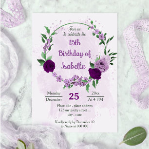 Romantische violette Blumen Grün Geburtstag Einladung