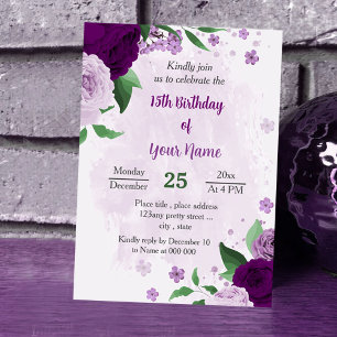 Romantische violette Blumen Grün Geburtstag Einladung