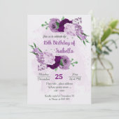 Romantische violette Blumen Grün Geburtstag Einladung (Stehend Vorderseite)
