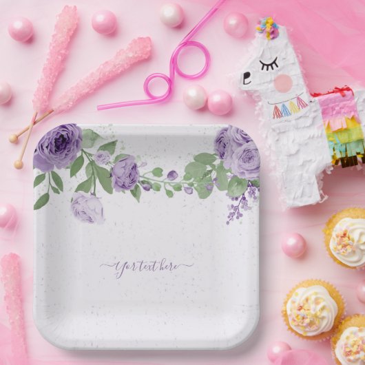 Romantische violette Blumen grüne Blätter botanisc Pappteller (Party)