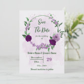 Romantische violette Blumen Grüne Hochzeit Save The Date (Stehend Vorderseite)