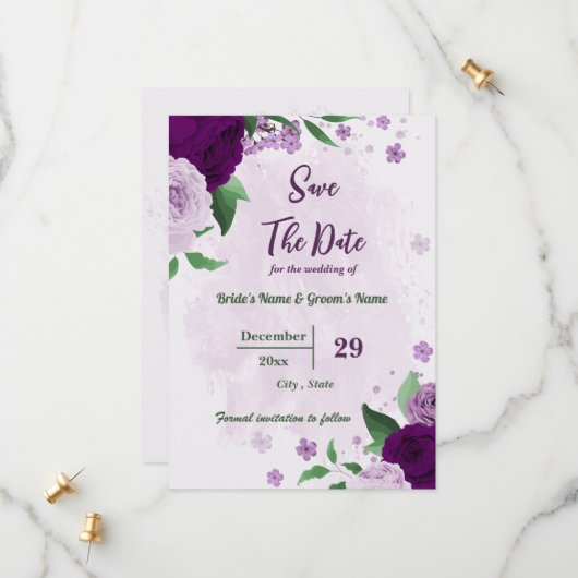 Romantische violette Blumen Grüne Hochzeit Save The Date (Vorderseite/Rückseite Beispiel)