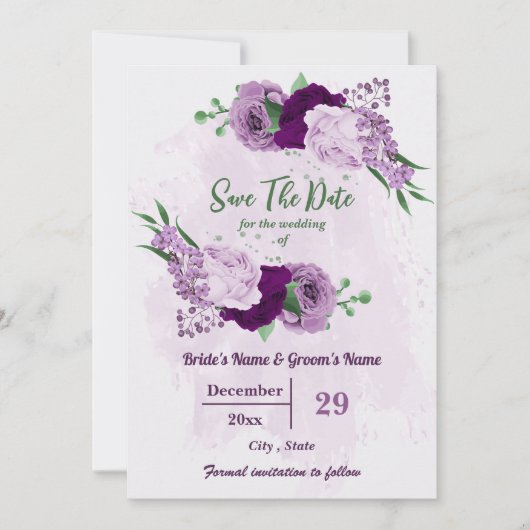 Romantische violette Blumen Grüne Hochzeit Save The Date (Vorderseite)