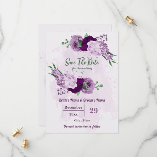 Romantische violette Blumen Grüne Hochzeit Save The Date (Vorderseite/Rückseite Beispiel)