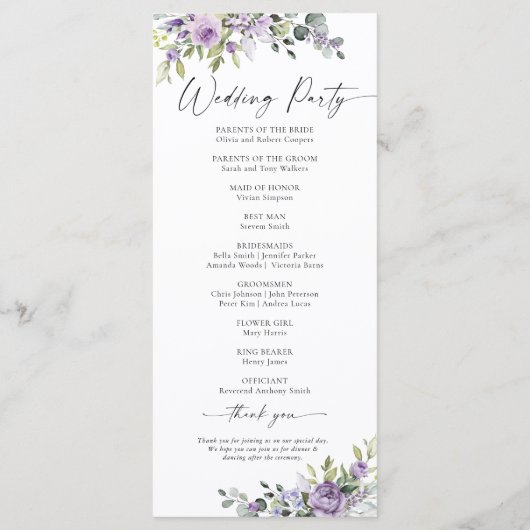 Romantische violette Blumen Hochzeitsprogramm Programm (Rückseite)