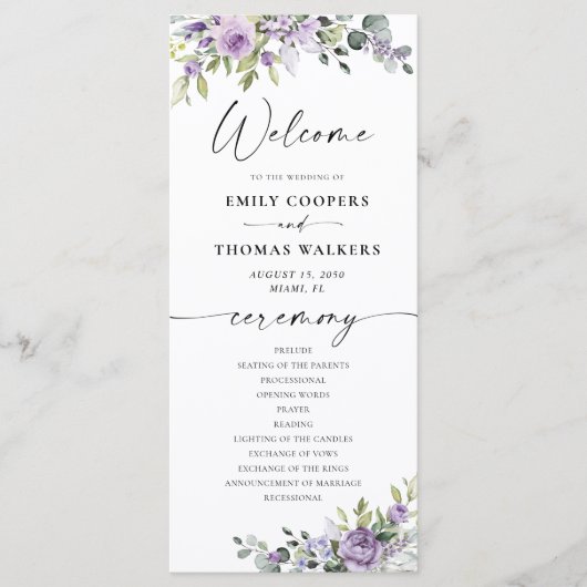 Romantische violette Blumen Hochzeitsprogramm Programm (Vorderseite)