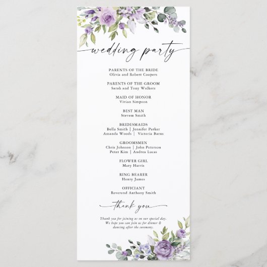 Romantische violette Blumen Hochzeitsprogramm Programm (Rückseite)