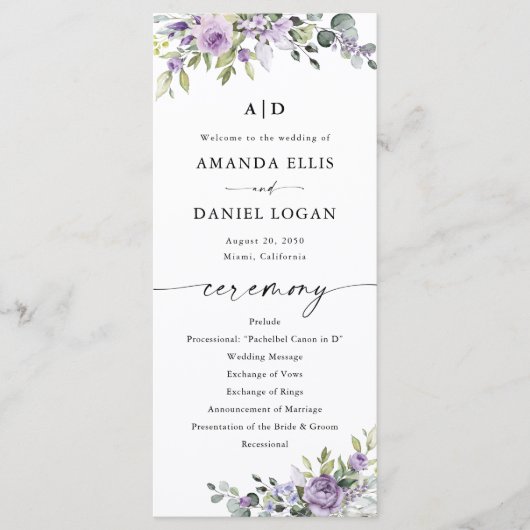 Romantische violette Blumen Hochzeitsprogramm Programm (Vorderseite)