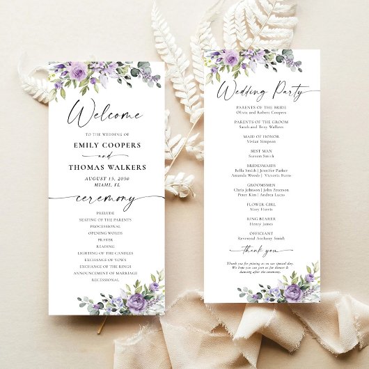 Romantische violette Blumen Hochzeitsprogramm Programm