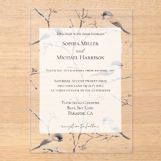 Romantische Vögel bei einer Baumhochzeit Acryleinladungen (Vorderseite)