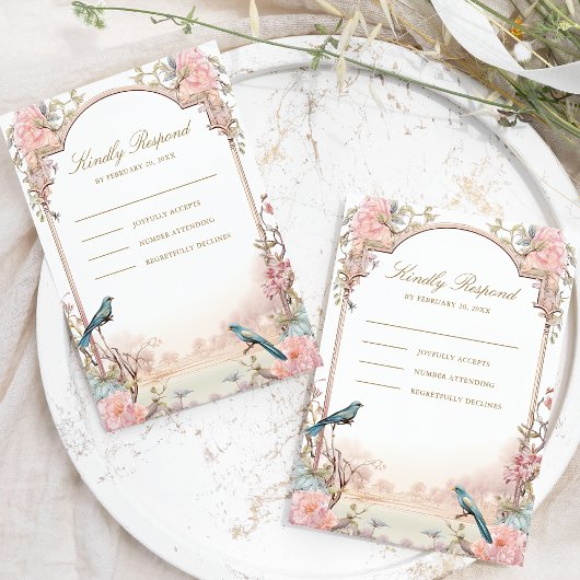 Romantische Vögel Blush Pink Bloral Hochzeit RSVP Karte