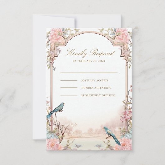 Romantische Vögel Blush Pink Bloral Hochzeit RSVP Karte (Vorderseite)