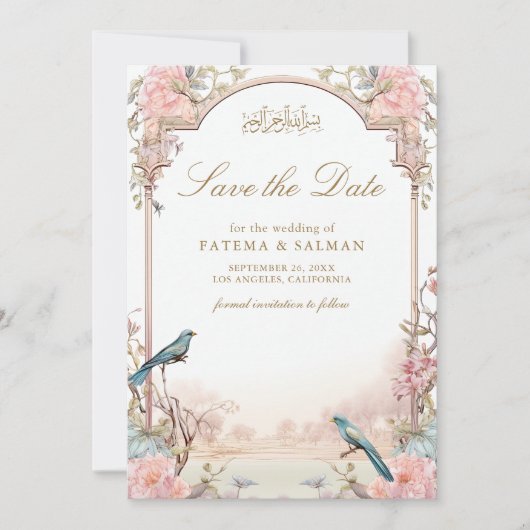 Romantische Vögel Blush Pink Bloral muslimische Ho Save The Date (Vorderseite)