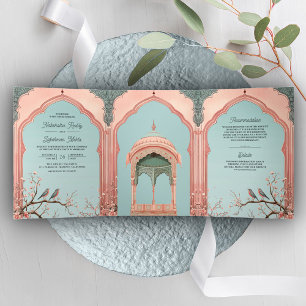 Romantische Vögel Rosa Pavillon Indische Palast-Ho Dreifach Gefaltete Einladung