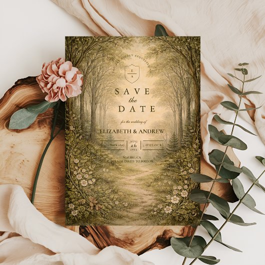 Romantische Waldweg-Hochzeit Save The Date