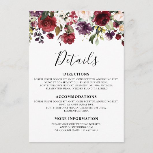 Romantische Wasserfarbe Burgund Rote Blüte Rose Bl Begleitkarte (Vorderseite)