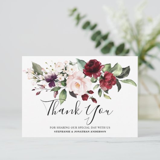 Romantische Wasserfarbe Burgund Rote Blüte Rose Bl Dankeskarte (Stehend Vorderseite)