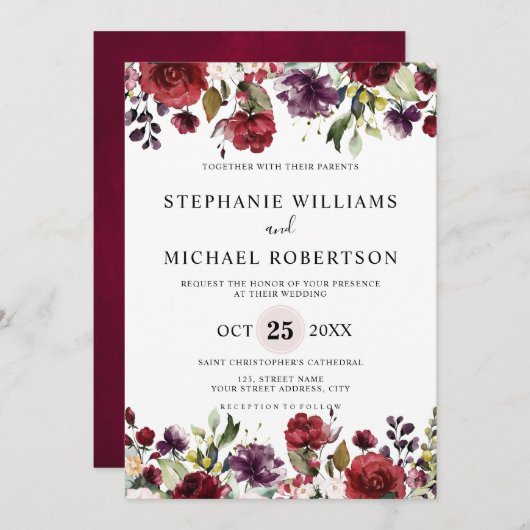 Romantische Wasserfarbe Burgund Rote Blüte Rose Bl Einladung (Vorne/Hinten)