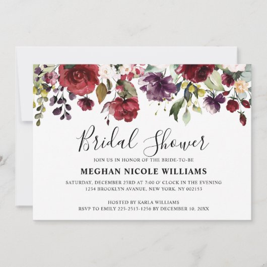 Romantische Wasserfarbe Burgund Rote Blüte Rose Bl Einladung (Vorderseite)