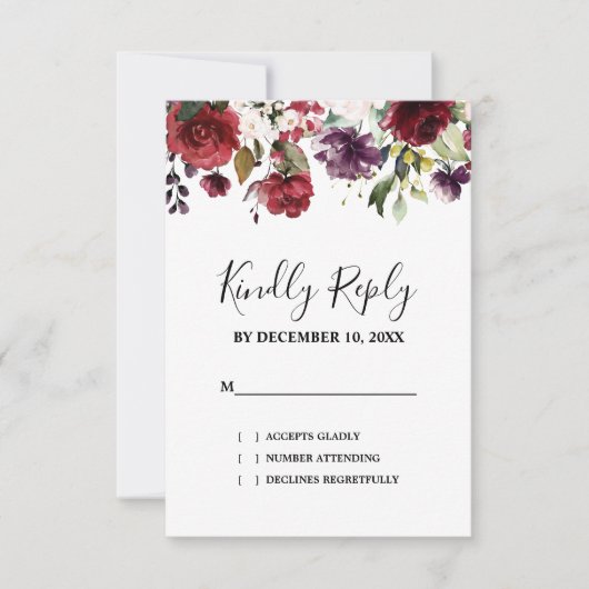 Romantische Wasserfarbe Burgund Rote Blüte Rose Bl RSVP Karte (Vorderseite)