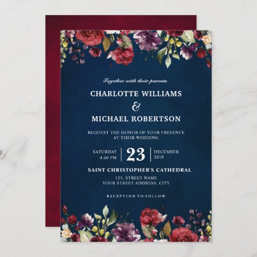 Romantische Wasserfarbe Burgund Rote Marine Floral Einladung (Vorne/Hinten)