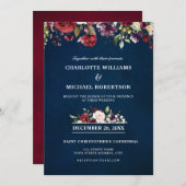 Romantische Wasserfarbe Burgund Rote Marine Floral Einladung (Vorne/Hinten)