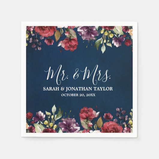 Romantische Wasserfarbe Burgund Rote Marine Floral Serviette (Vorderseite)