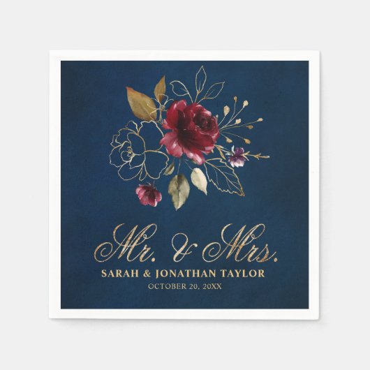 Romantische Wasserfarbe Burgund Rote Marine Floral Serviette (Vorderseite)