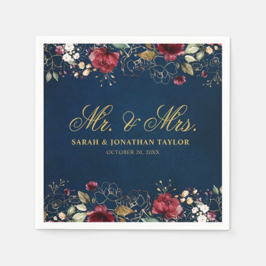 Romantische Wasserfarbe Burgund Rote Marine Floral Serviette (Vorderseite)