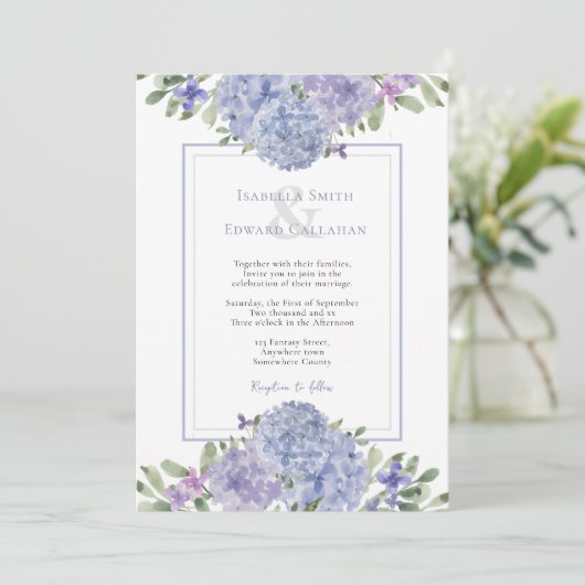 Romantische Wasserfarbe Dusty Blue Hydrangeas Hoch Einladung (Stehend Vorderseite)