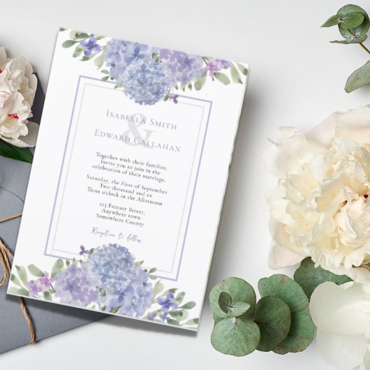 Romantische Wasserfarbe Dusty Blue Hydrangeas Hoch Einladung