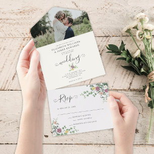 Romantische Wasserfarbe Florale Grün Hochzeit All In One Einladung