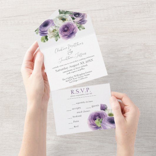 Romantische Wasserfarbe Lila & weiß Ranunculus All In One Einladung (Abreißen)