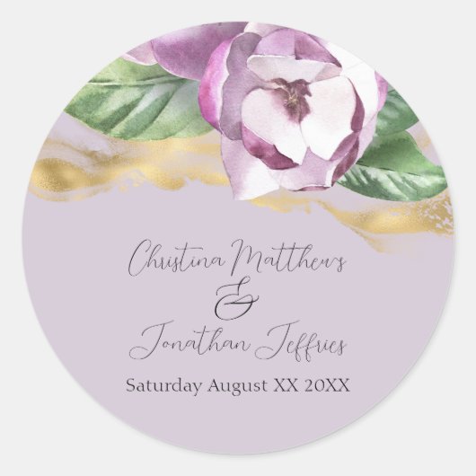 Romantische Wasserfarbe Magnolia auf Lila Runder Aufkleber (Vorderseite)