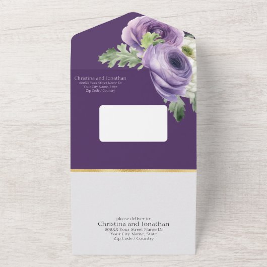 Romantische Wasserfarbe Ranunculus auf dunklem Lil All In One Einladung (Außenbereich)