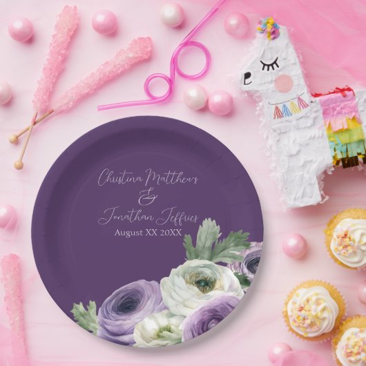 Romantische Wasserfarbe Ranunculus auf dunklem Lil Pappteller (Party)