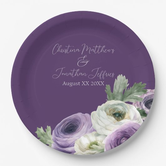 Romantische Wasserfarbe Ranunculus auf dunklem Lil Pappteller (Vorderseite)