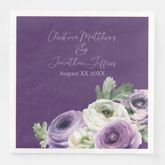 Romantische Wasserfarbe Ranunculus auf dunklem Lil Serviette (Vorderseite)