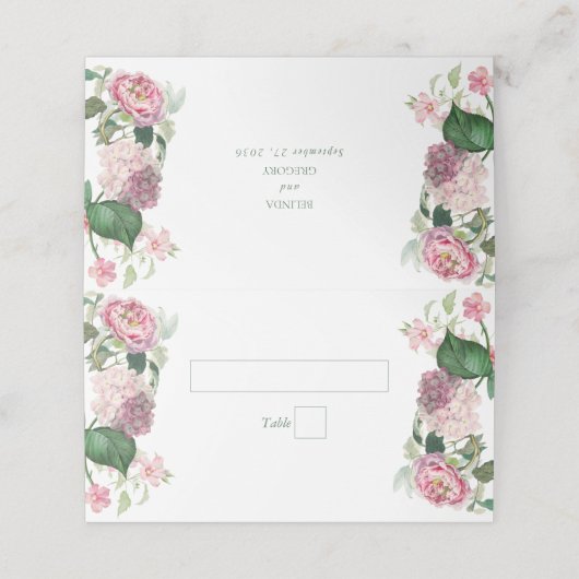 Romantische Wasserfarbe Rosa Blume Hochzeit Garten Platzkarte (Außenseite Aufgefaltet)