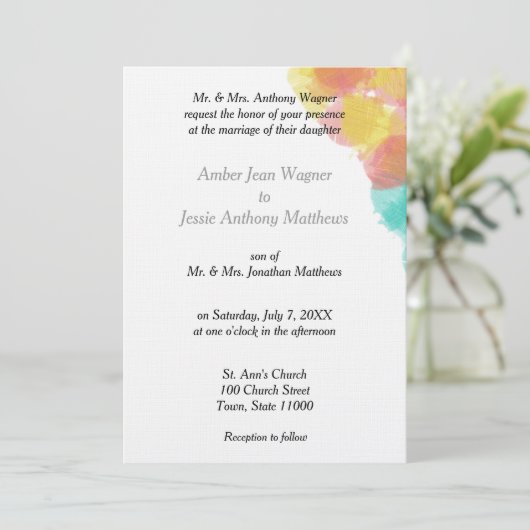 Romantische Wasserfarbe Rosa Gelbe Hochzeit Einladung (Stehend Vorderseite)